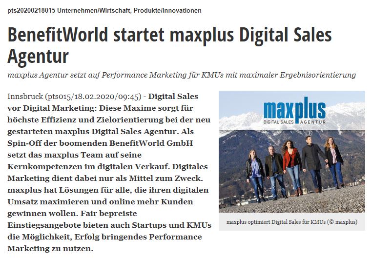 BenefitWorld startet maxplus Digital Sales Agentur